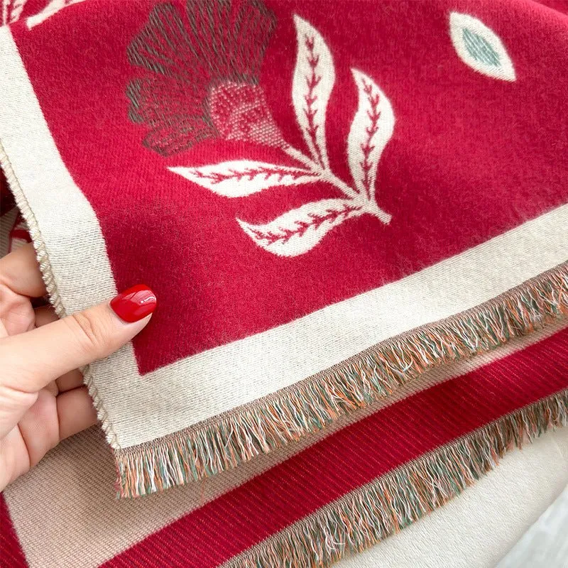 Saffron Red Luxurious Floral Design Women's Winter Shawl