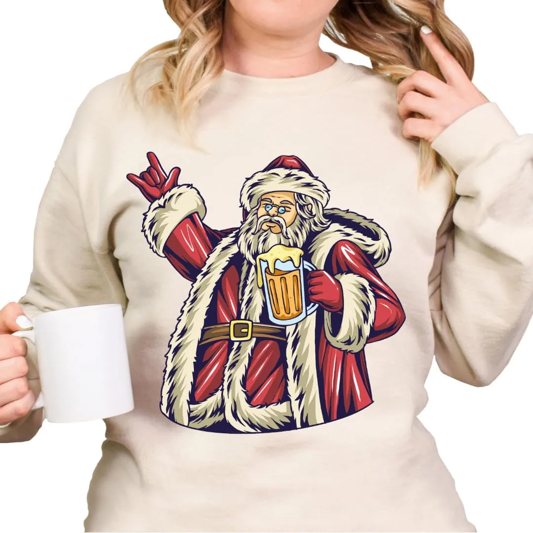 Santa Beer Sweatshirt, Christmas Sweaters For Women, Merry And Bright Xmas Sweater