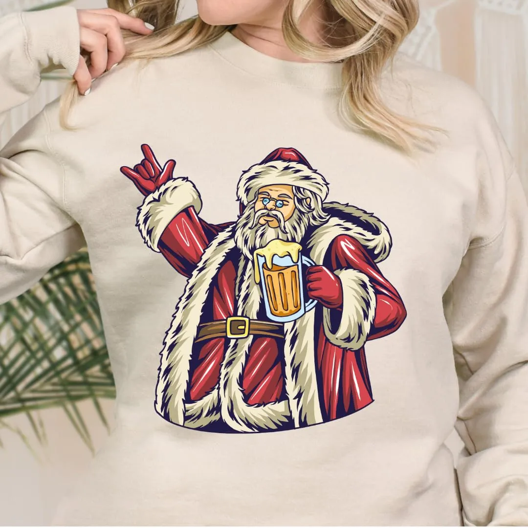 Santa Beer Sweatshirt, Christmas Sweaters For Women, Merry And Bright Xmas Sweater