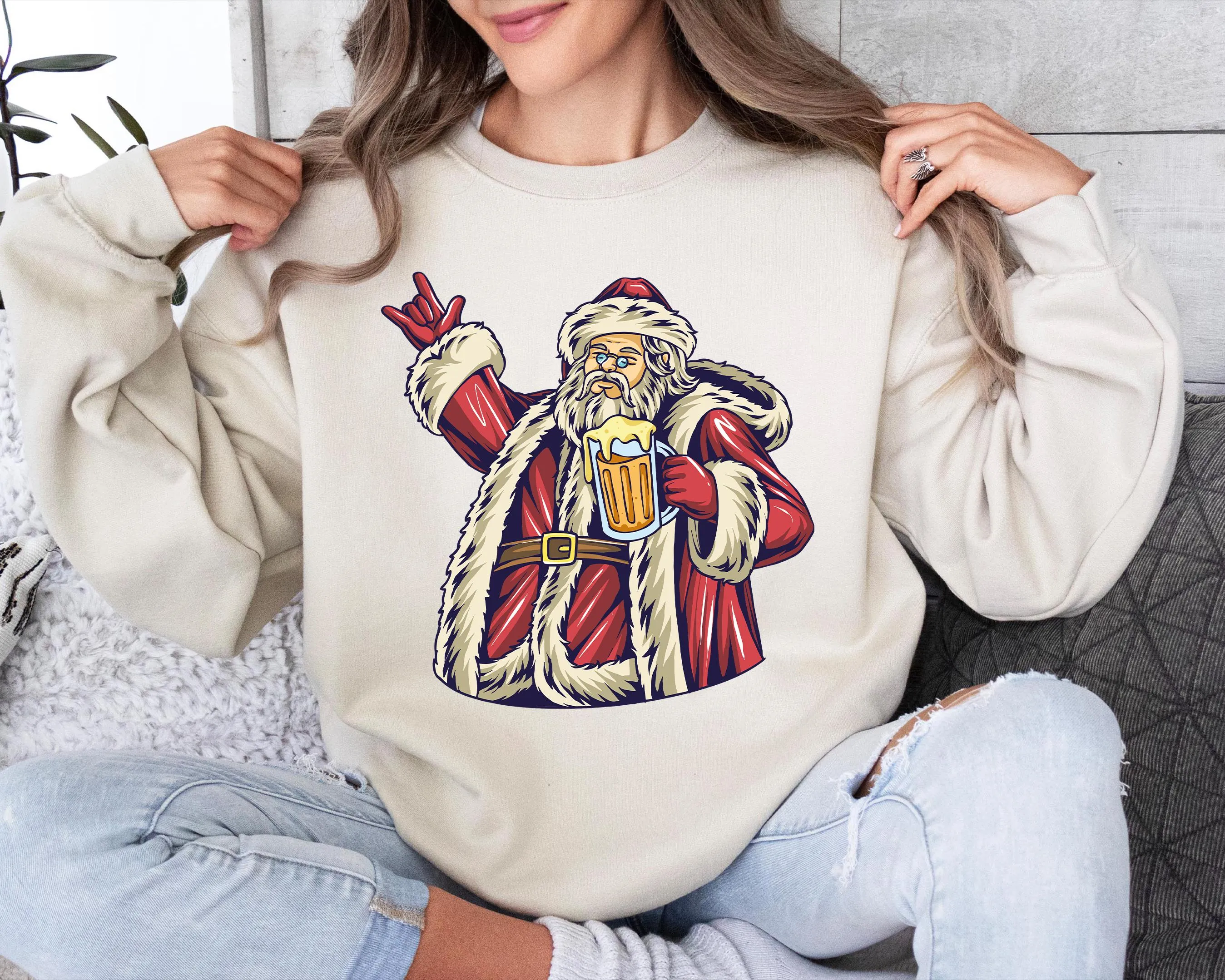 Santa Beer Sweatshirt, Christmas Sweaters For Women, Merry And Bright Xmas Sweater