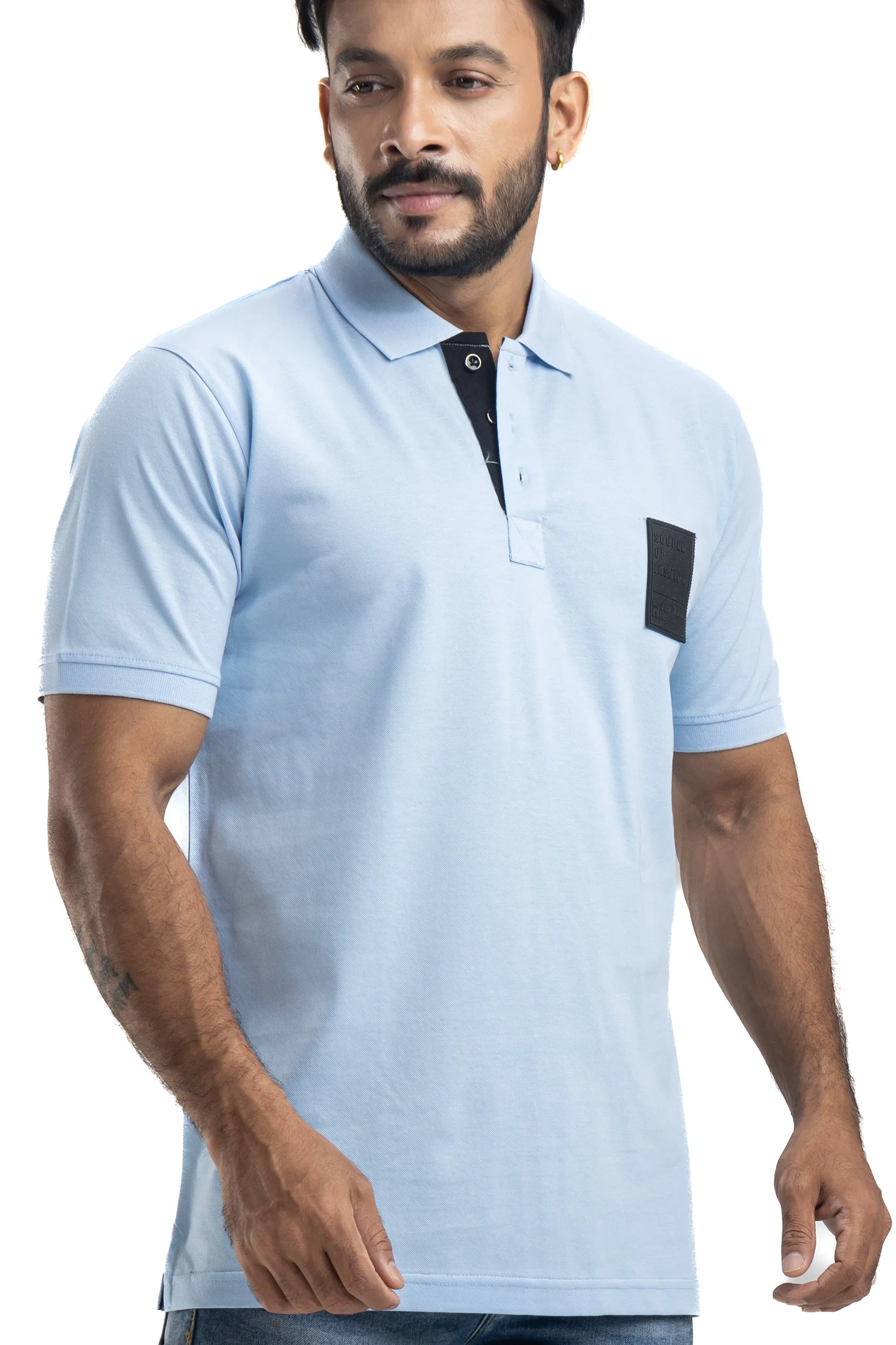 Sleek Solid Sky Blue Half Sleeves Cotton Polo T-Shirt