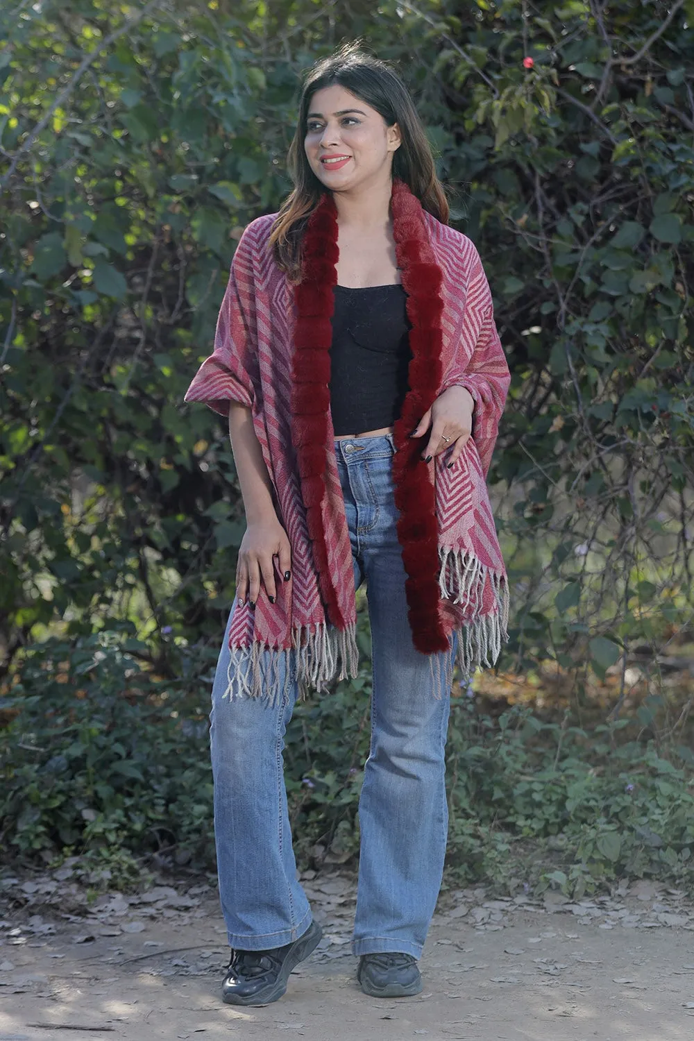 Traditional Maroon Colour Woollen Cashmere Faux Fur Cape Stole.