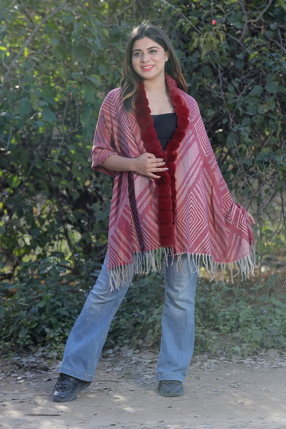 Traditional Maroon Colour Woollen Cashmere Faux Fur Cape Stole.