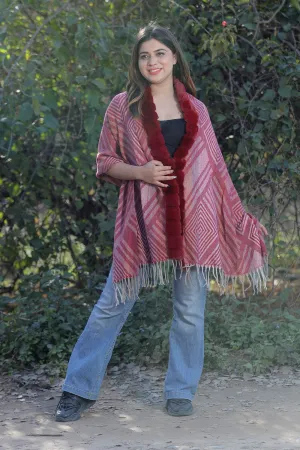 Traditional Maroon Colour Woollen Cashmere Faux Fur Cape Stole.