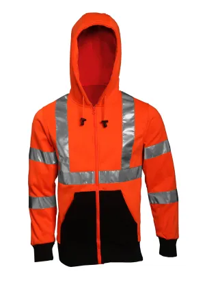 Type R Class 3 Sweatshirt - Fluorescent Orange-Red - Hooded - Zipper Closure - 2 Pockets - Silver Reflective Tape