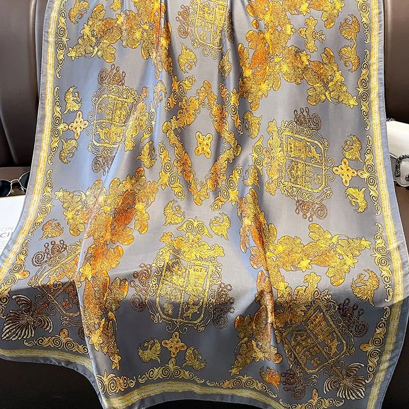Vintage Golden Pattern Silky Smooth Satin Silk Scarf