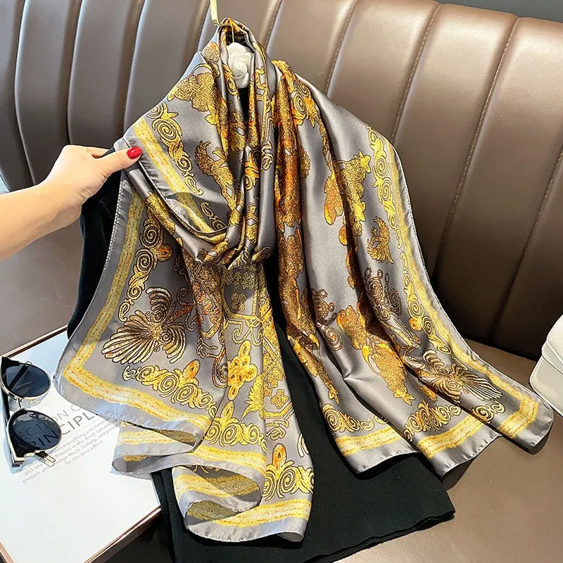 Vintage Golden Pattern Silky Smooth Satin Silk Scarf