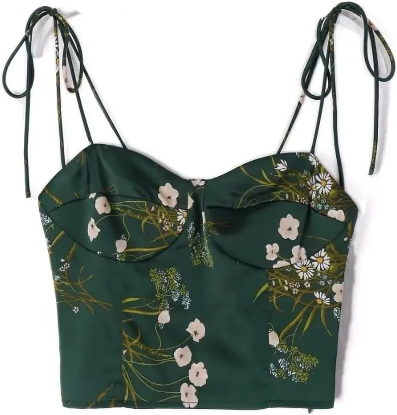 Women Floral Camisole Vintage Spaghetti Straps Crop Tank Top Slim Fit Party Vest