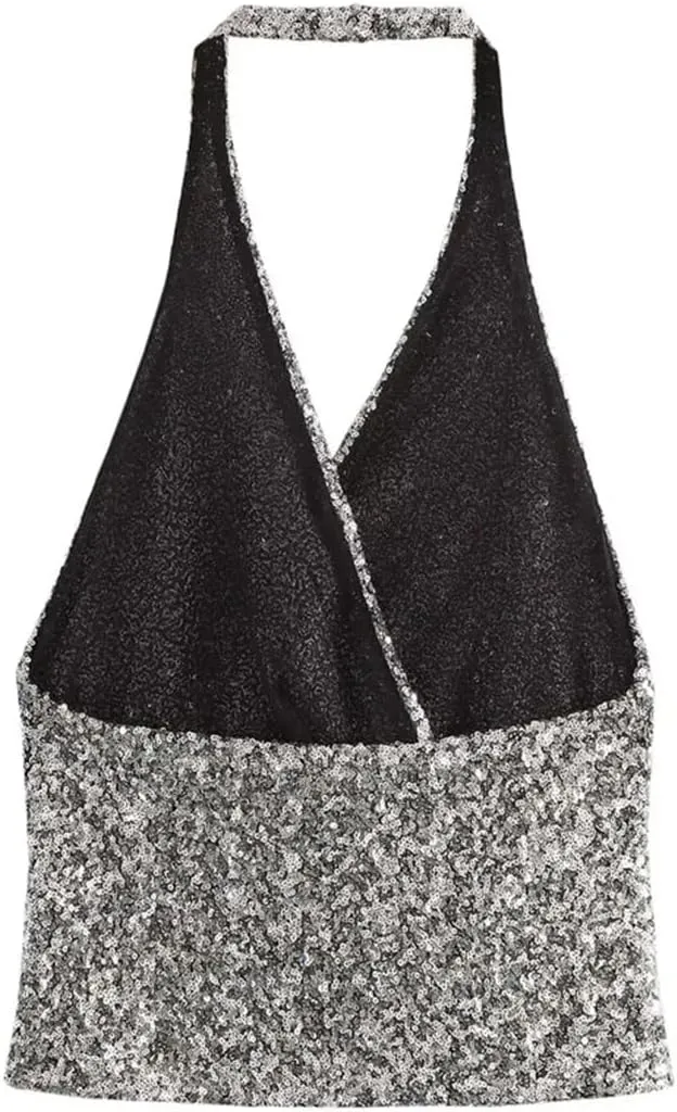 Women Sequin V-Neck Crop Tanks Top Backless Corset Sleeveless Camisole Casual Summer Tops