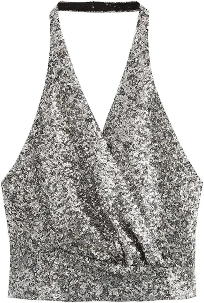 Women Sequin V-Neck Crop Tanks Top Backless Corset Sleeveless Camisole Casual Summer Tops