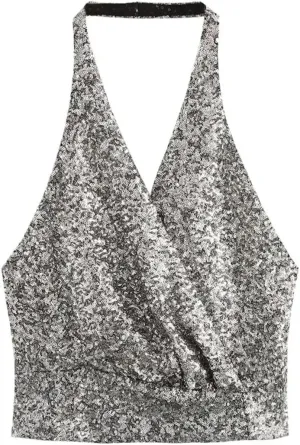 Women Sequin V-Neck Crop Tanks Top Backless Corset Sleeveless Camisole Casual Summer Tops