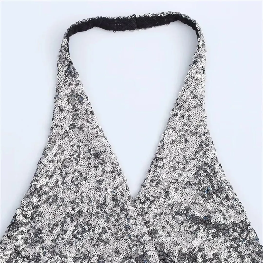 Women Sequin V-Neck Crop Tanks Top Backless Corset Sleeveless Camisole Casual Summer Tops