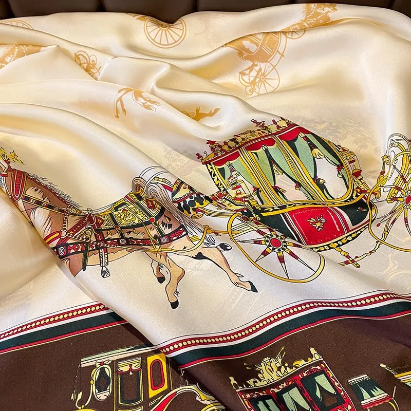 Women's Fashion, Retro Carriage Design Satin Silk Scarf