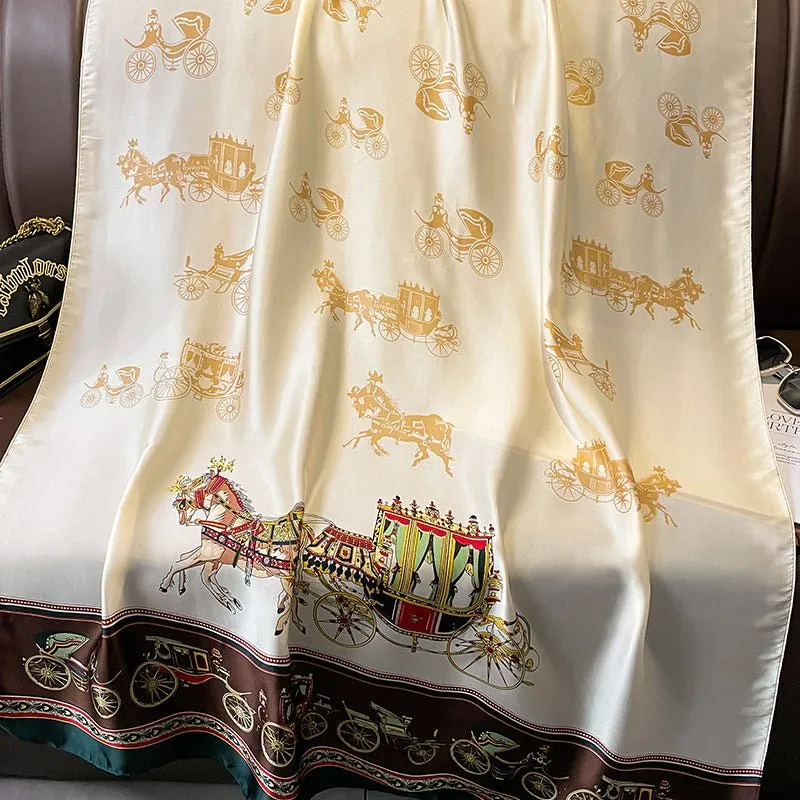 Women's Fashion, Retro Carriage Design Satin Silk Scarf