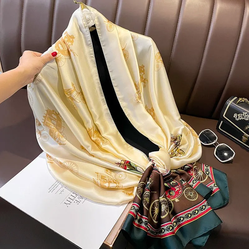 Women's Fashion, Retro Carriage Design Satin Silk Scarf